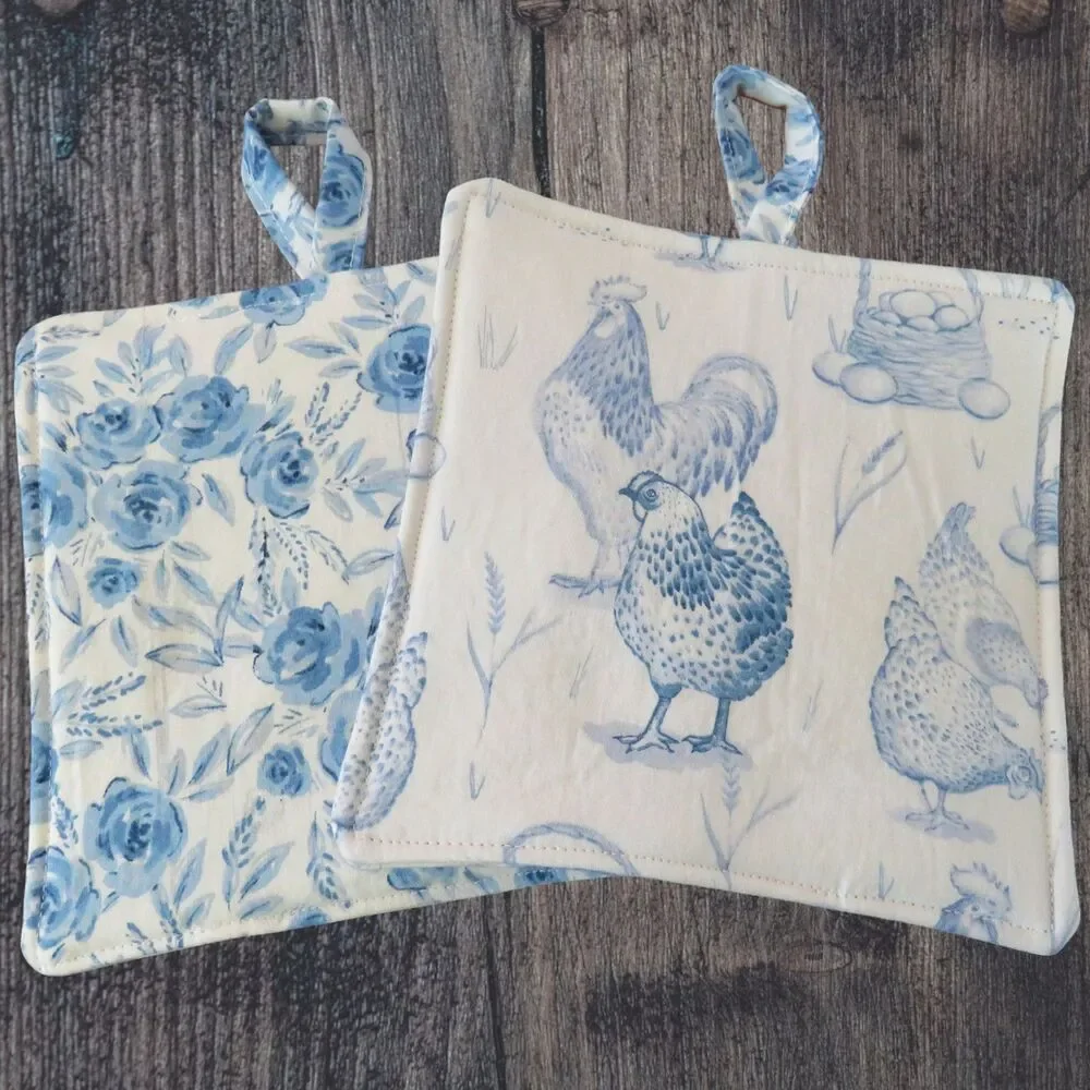 Handmade Potholder, Set of 2, Reversible Chickens and Blue Rose Hot Pads